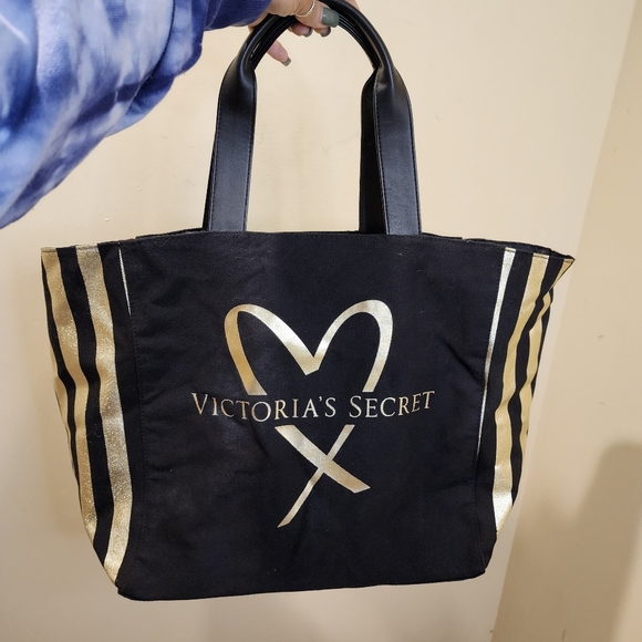 Victoria's Secret Black And Gold Large Canvas Tote Bag - Picture 1 of 11